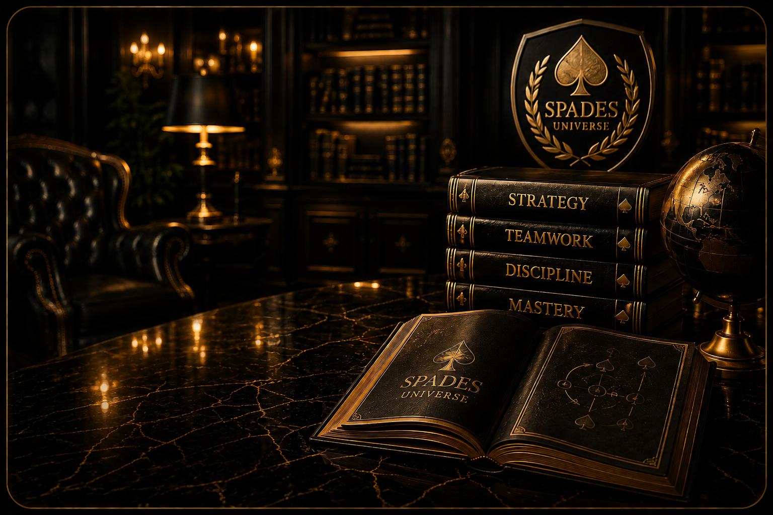 Spades Universe University library featuring books on strategy, teamwork, discipline, and mastery